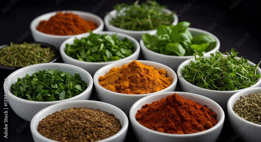 Culinary Herbs And Spices Collection In Bowls On Dark Backdrop Culinary Herbs And Spices Collection In Bowls On Dark Backdrop