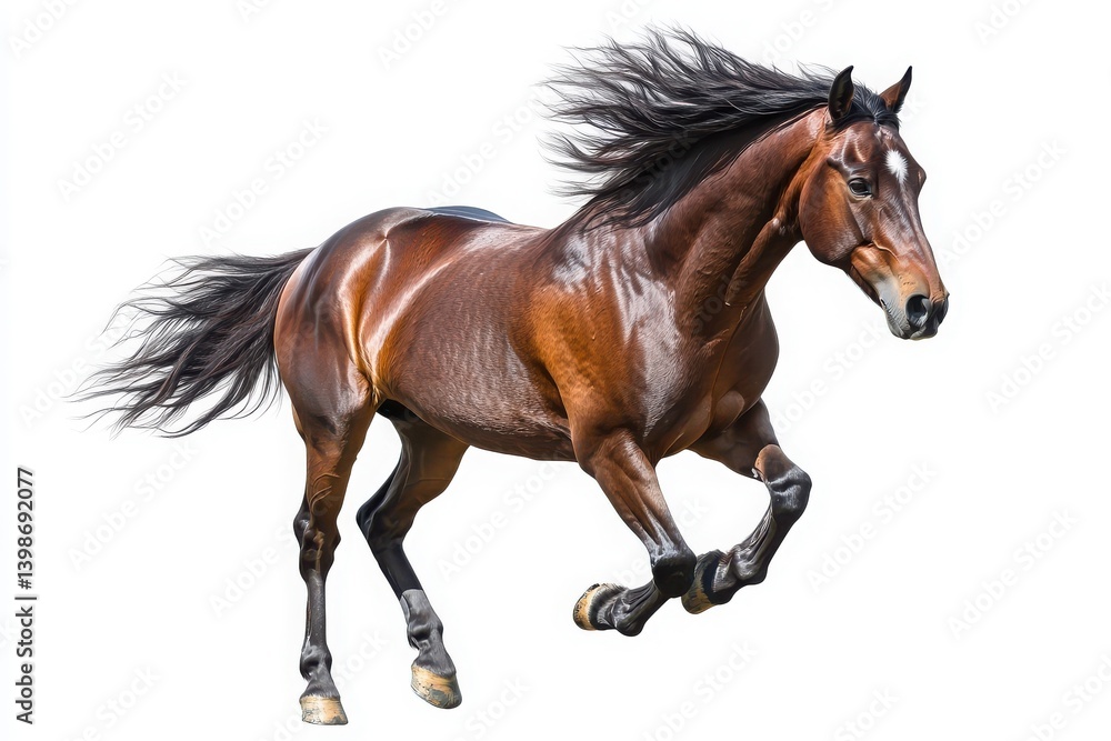 A brown horse galloping with flowing mane isolated on white background A brown horse galloping with flowing mane isolated on white background