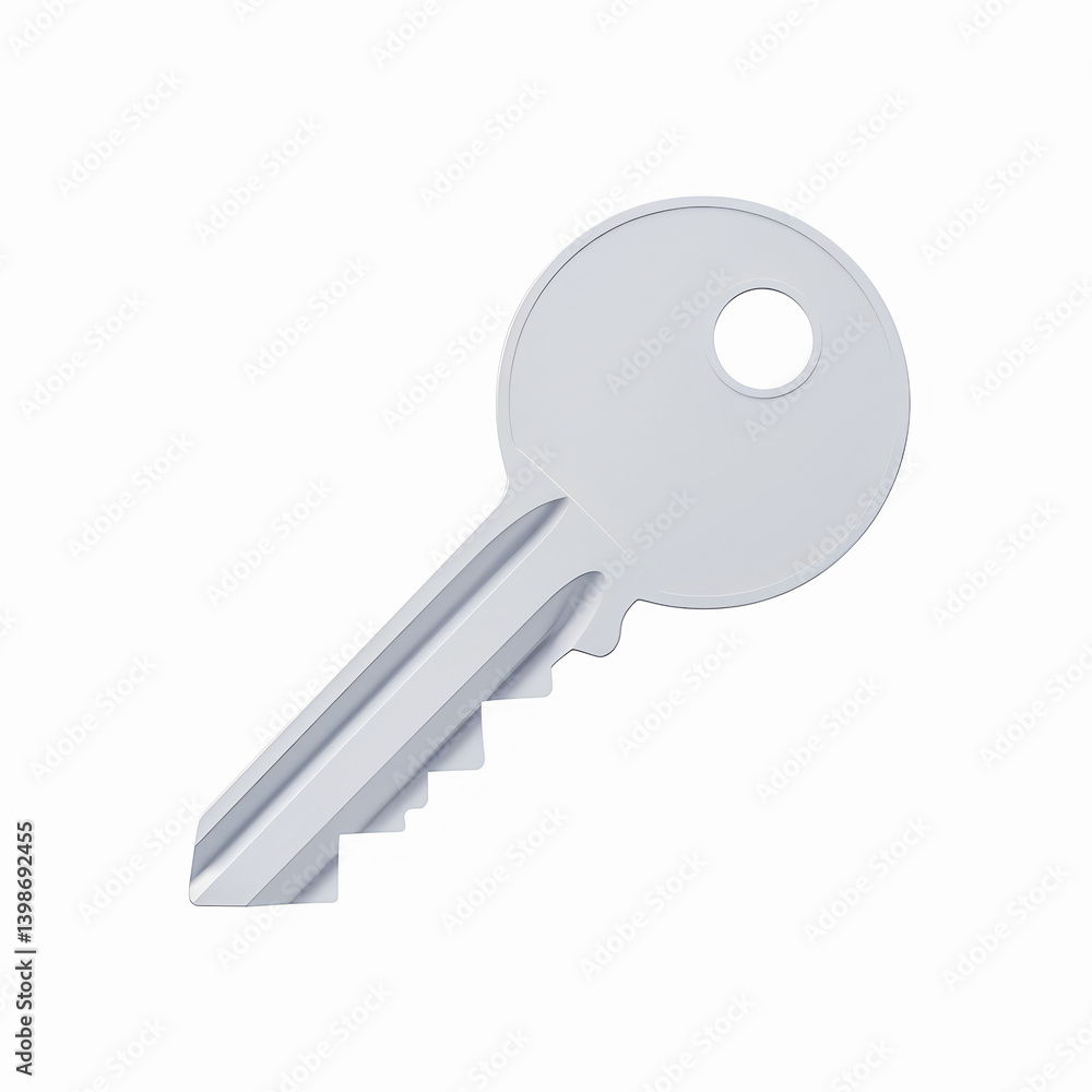 Silver metallic key isolated on white background for security concept Silver metallic key isolated on white background for security concept