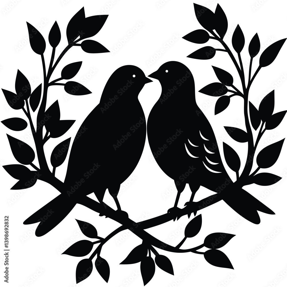 Fototapeta premium Elegant Silhouette of Two Birds Perched on Branches with Lush Foliage, Nature Theme