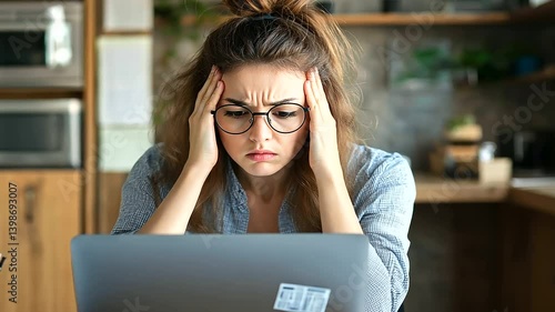 A woman in a casual setting, rubbing her temples with a concerned look as she stares at her laptop screen, bills and receipts piling up in front of her on a disorganized desk.