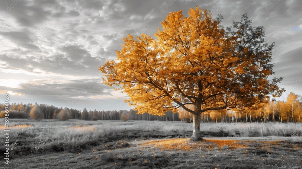 Fototapeta premium Serene grayscale countryside with a single golden tree in selective color standing tall under a soft sunset glow