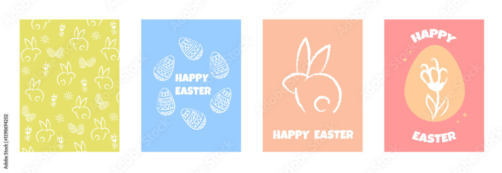 Set of pictures for Easter with hare, eggs, flowers, vector design Set of pictures for Easter with hare, eggs, flowers, vector design