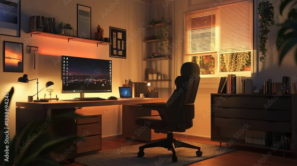 Cozy home office setup with a glowing monitor, warm lighting, and a view of nature outside the window Cozy home office setup with a glowing monitor, warm lighting, and a view of nature outside the window