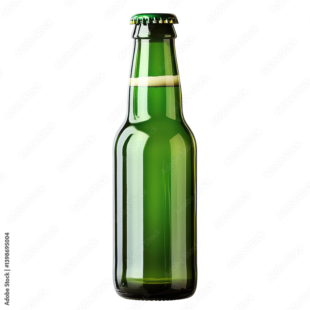 A refreshing green glass beer bottle with foam, isolated on a clean background A refreshing green glass beer bottle with foam, isolated on a clean background
