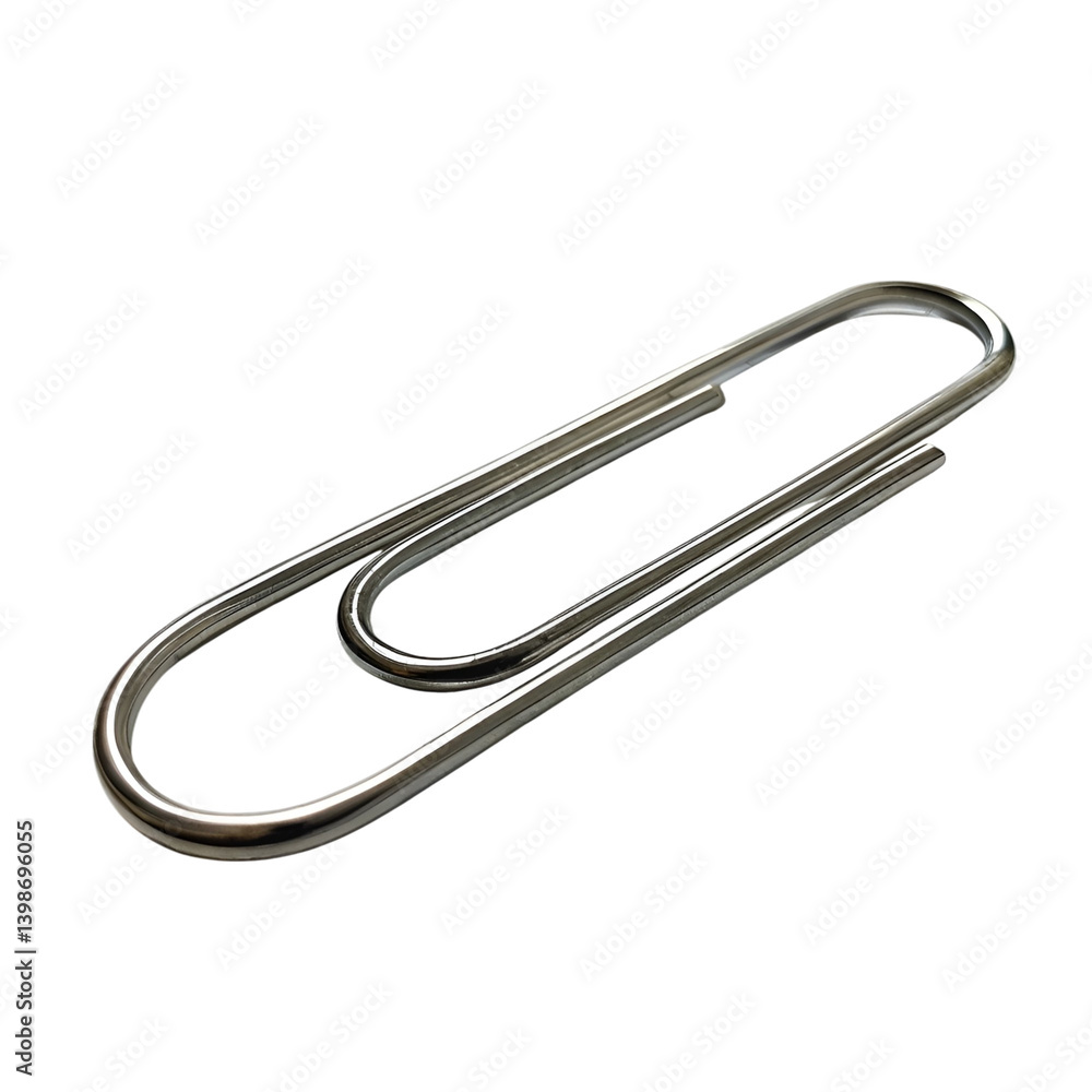 Single silver paper clip isolated on a transparent background, detailed close-up of metallic office stationery commonly used for binding papers together. Single silver paper clip isolated on a transparent background, detailed close-up of metallic office stationery commonly used for binding papers together.