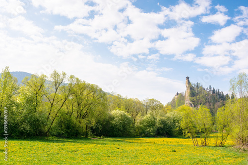 Obraz na płótnie medieval orava castle of slovakia, europe. ancient fortress. high tower above landscape with trees and meadow in spring. sunny day. beautiful scenery w salonie