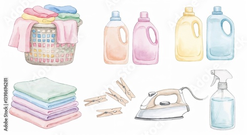 Watercolor laundry essentials illustration featuring detergent bottles, basket, towels, iron, and spray bottle for home chores