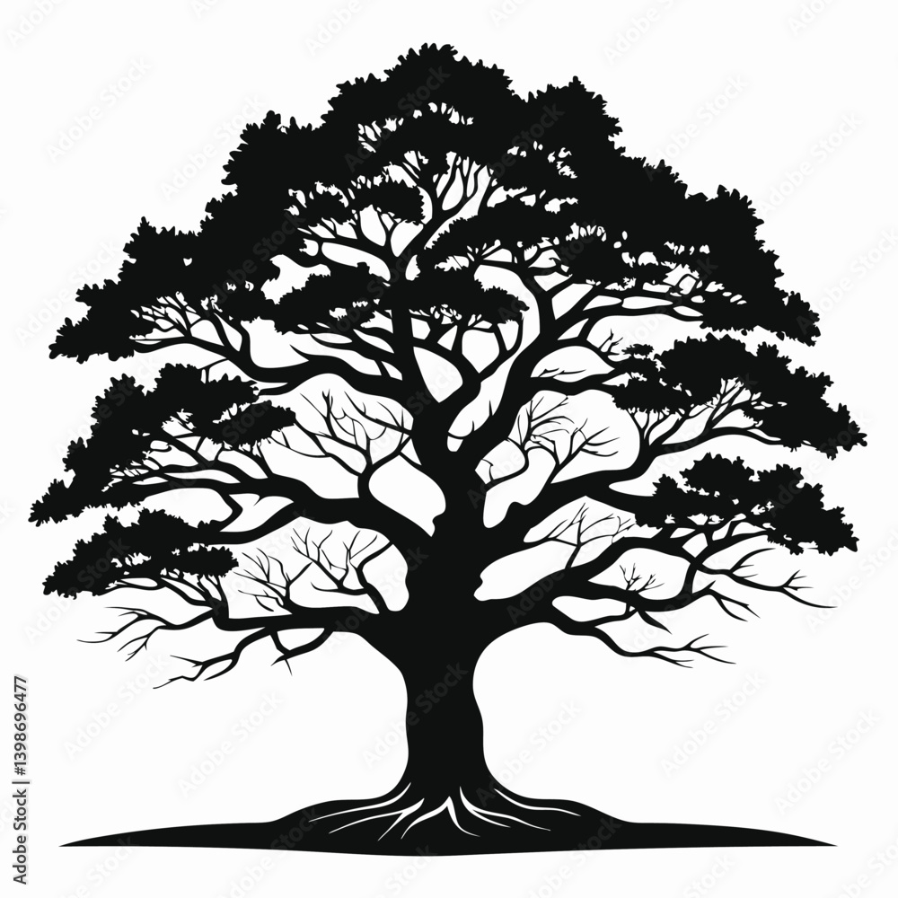 Fototapeta premium Black Silhouette Tree Detailed Branches, Leaves, and Roots Isolated