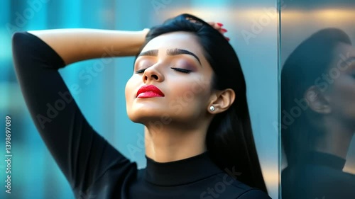 A side profile of a young Indian employee in a black formal dress, head pressed against the wall of a busy office district, looking emotionally drained and stressed.