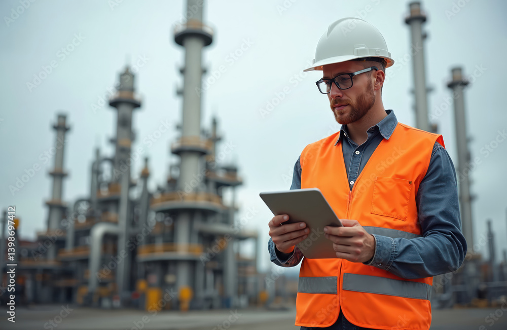 Fototapeta premium Engineer with tablet in refinery. Professional worker wearing safety helmet, orange vest glasses. Oil industry, petroleum, petrochemical plant. Industrial job with crude oil, gas pipelines. Modern