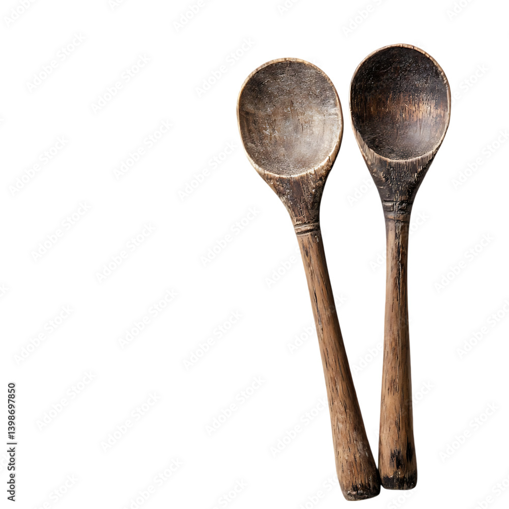 Two rustic wooden spoons dark background kitchen utensils cooking tools, Two rustic wooden spoons dark background kitchen utensils cooking tools,