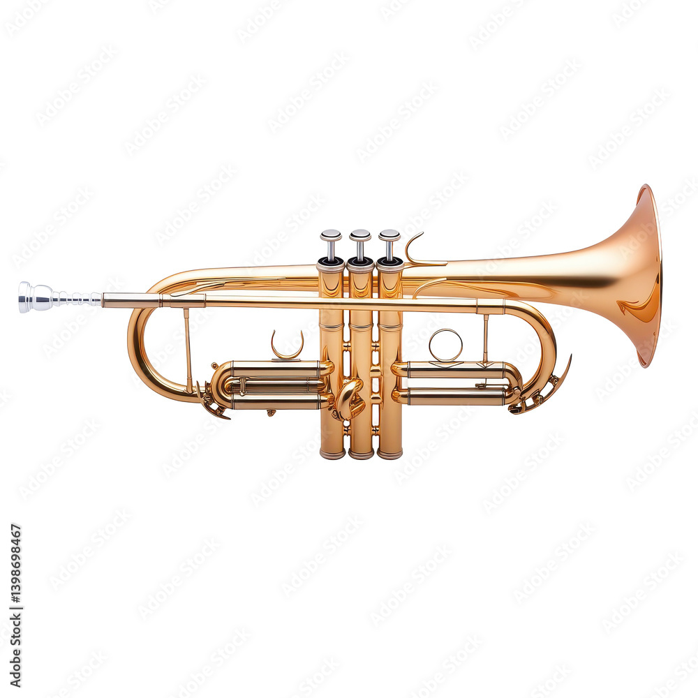 Obraz premium Close-up of a shiny brass trumpet showcasing its intricate design and valves