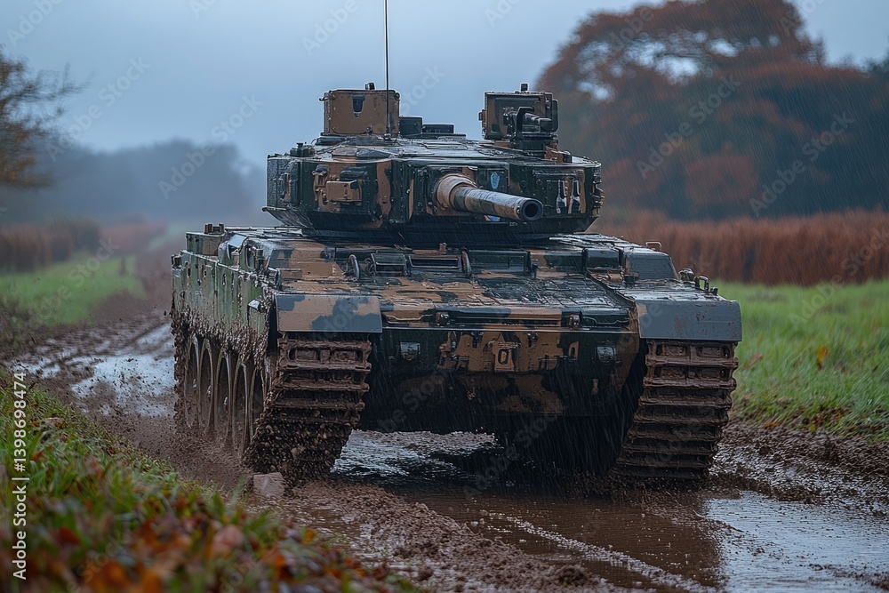 Fototapeta premium A military armored tank traversing a muddy offroad terrain under overcast skies