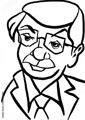 Black and White Cartoon Illustration of Old Man with Glasses 