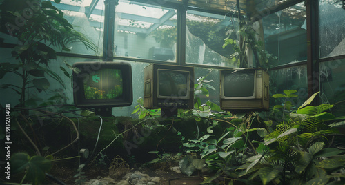Abandoned laboratory after apocalypse, destroyed equipment, cracked monitors, haunting atmosphere, nature taking over