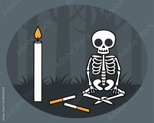 Smoking Skeleton with Candle and Cigarette Butt: Death and Tobacco
