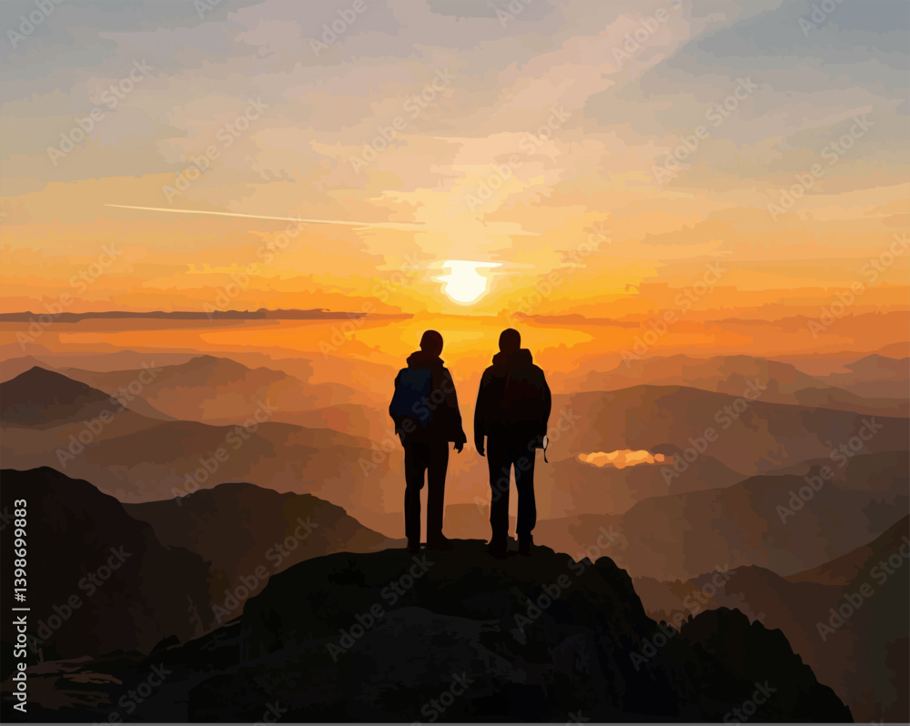 Fototapeta premium illustration of two friends above a mountain view