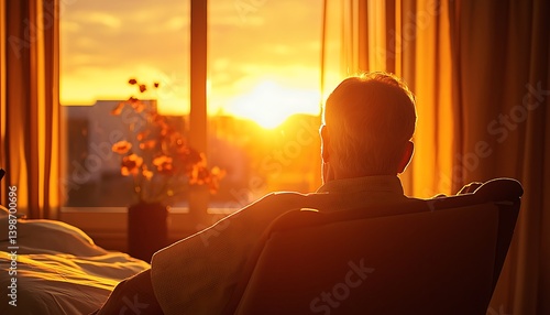 Hospice patient in a tranquil room watches the sunset, a poignant moment reflection during end-of-life care.