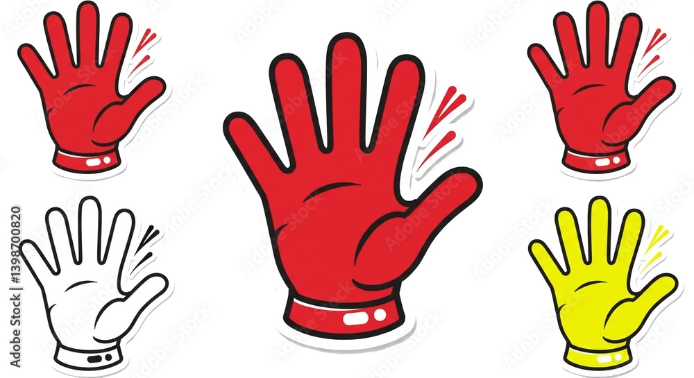 A vibrant collection of playful high-five hands in red, white, and yellow, showcasing bold outlines and a fun, energetic style with a retro feel. A vibrant collection of playful high-five hands in red, white, and yellow, showcasing bold outlines and a fun, energetic style with a retro feel.