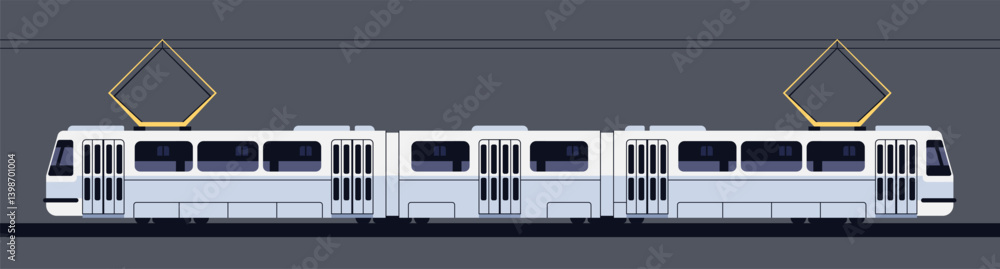 Tram isolated. Side view. Modern passenger electric train on the railroad. Railway station. Vector illustration. Realistic design. Cartoon flat style.