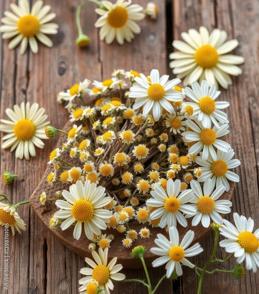 Obraz premium Dried chamomile sprigs on rustic wooden surface, surrounded by fresh chamomile flowers, tranquility, spa, summer