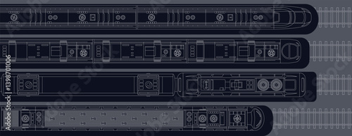 Obraz na płótnie Trains set top view. View from above. Modern high-speed express passenger train. Locomotive with wagons on the railroad. Railway station. Vector illustration. Realistic design. Outline. w salonie