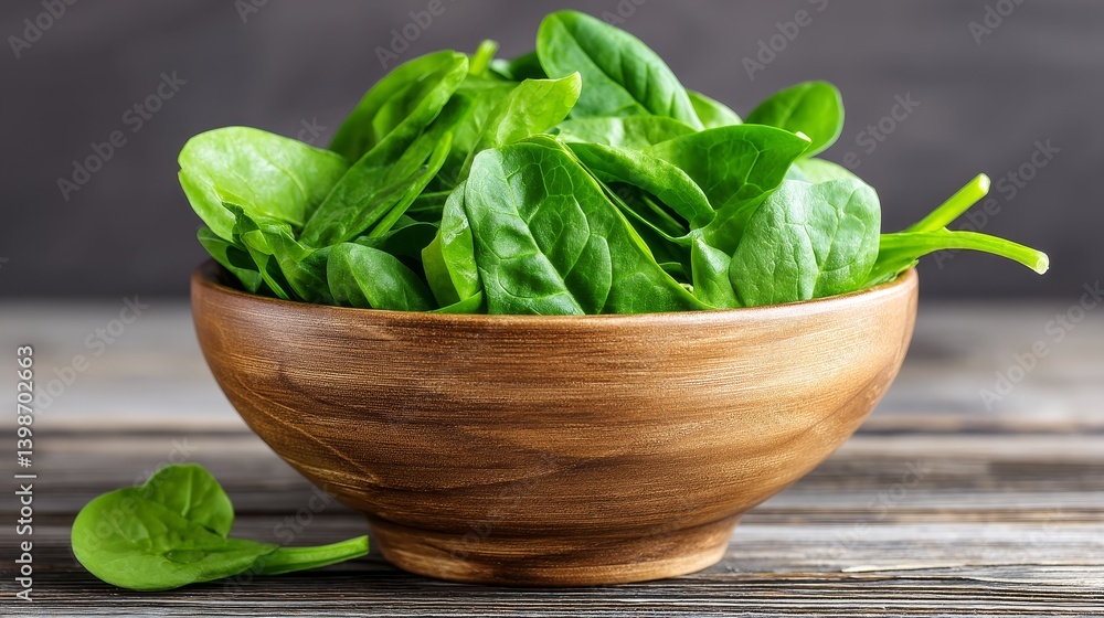 Fresh Spinach Leaves in Wooden Bowl - Healthy eating, vibrant greens, natural food, spring harvest, nutritious meal. A wooden bowl overflowing with fresh spinach leaves Fresh Spinach Leaves in Wooden Bowl - Healthy eating, vibrant greens, natural food, spring harvest, nutritious meal. A wooden bowl overflowing with fresh spinach leaves