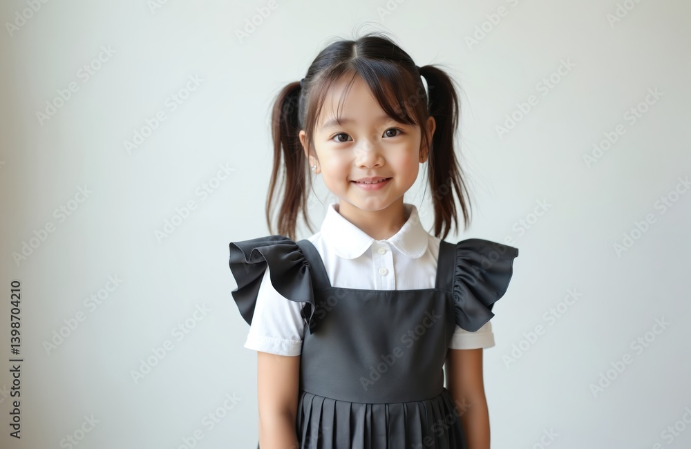 Portrait cute school girl in uniform poses against white background. Pretty child with pigtails looks at the camera smiles. Concept of education. Adorable happy kid in school dress posing. Portrait cute school girl in uniform poses against white background. Pretty child with pigtails looks at the camera smiles. Concept of education. Adorable happy kid in school dress posing.