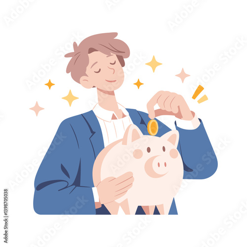Man saving money by placing a coin into a piggy bank. Vector illustration symbolizes financial planning, saving, and smart budgeting. Finance and economics concepts.