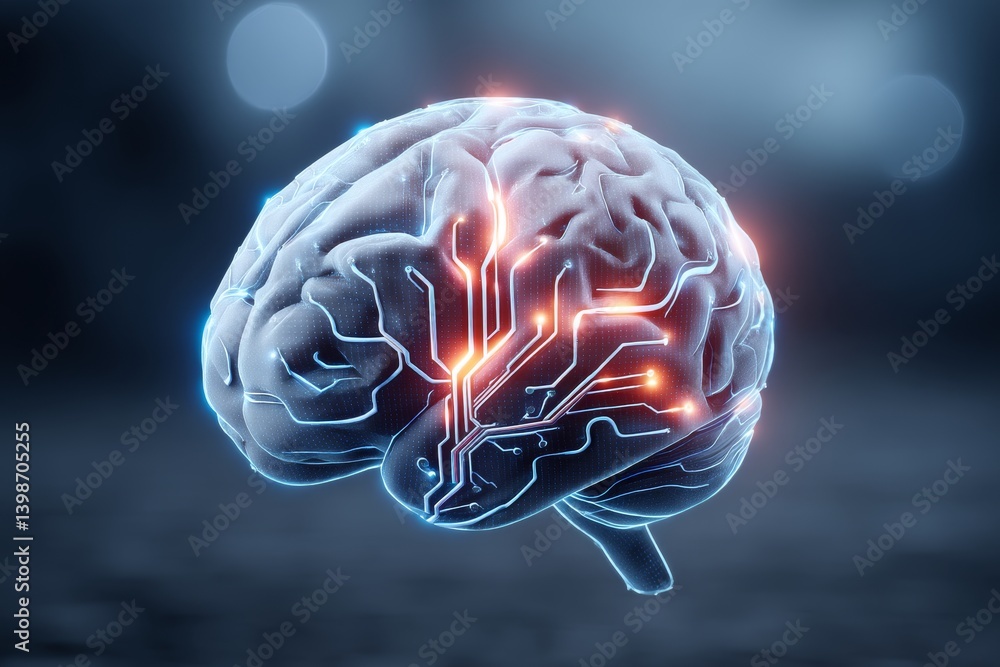Glowing Brain Circuitry Pathways - A of a human brain with glowing circuit pathways. Symbolizing intelligence, technology, neural networks, connection, and innovation