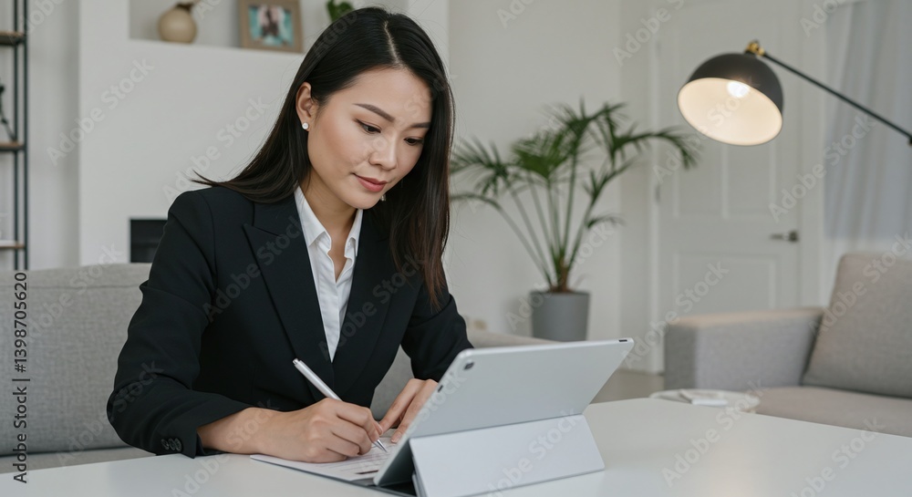 An Asian woman works diligently at her desk using a tablet, demonstrating professional focus and dedication An Asian woman works diligently at her desk using a tablet, demonstrating professional focus and dedication