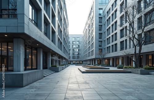 Modern office buildings with clean design, glass windows. Business center district, urban cityscape. Contemporary architecture, financial corporate environment. Skyline, daytime, sky background,