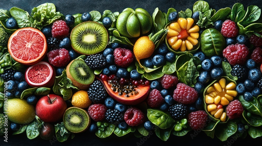 Vibrant mix of fresh fruits and berries arranged on dark background. Vibrant mix of fresh fruits and berries arranged on dark background.