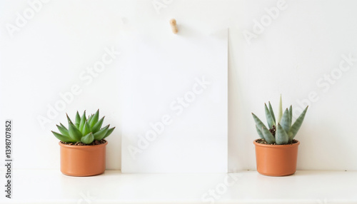Minimalist home decor, two succulent plants, blank sheet, modern style, copy space