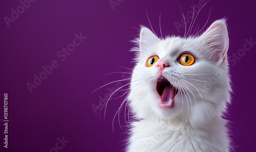 Surprised domestic feline facial expression against a dark purple backdrop, pet mouth open in a funny expression for veterinarian clinic advertising or rescue shelter posters.