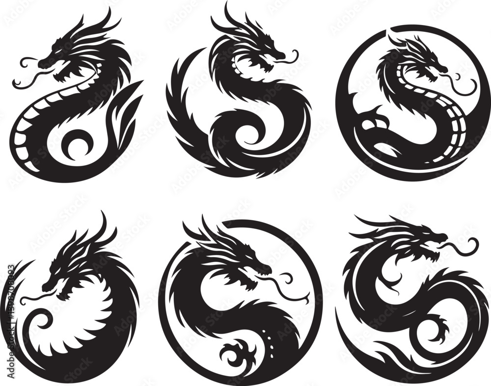Obraz premium dragon with round shape silhouette victor design isolated on the white background.