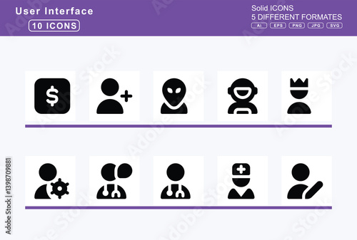 Set of 5 solid user interface icons, stats, icon, flat, vector, steak, steering, wheel, step, backward, forward, sterling, sign, stethoscope, sticker