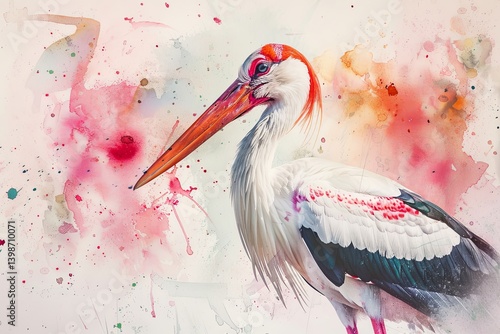 A watercolor painting of a white stork with red markings on its head and wings