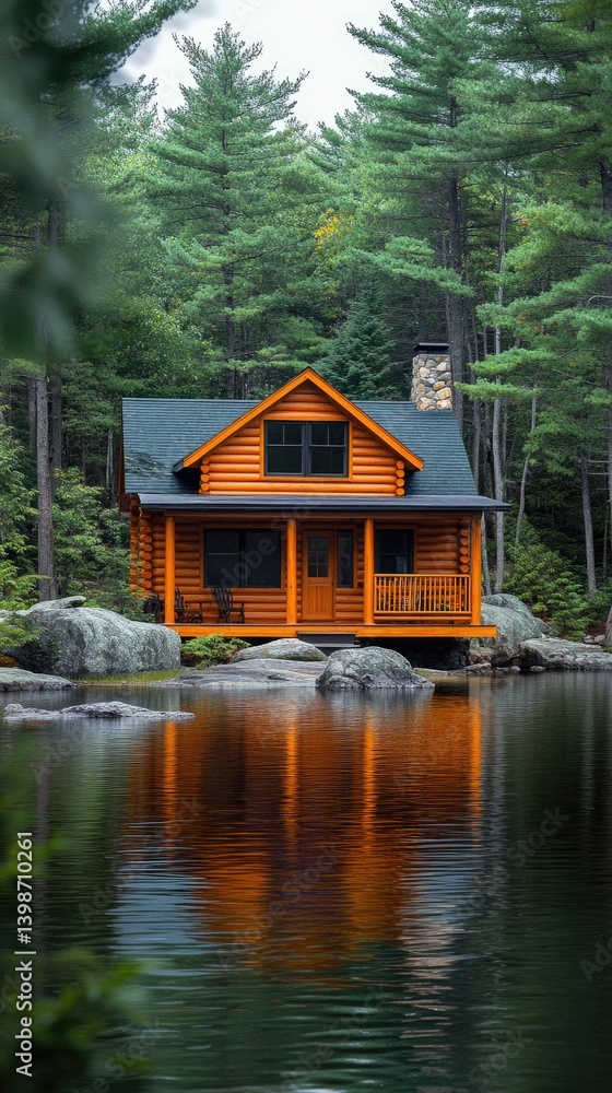 Fototapeta premium A cozy cabin sits on the lake shore, surrounded by lush trees. Reflection in the water