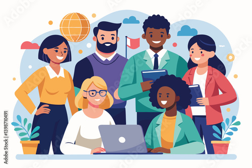 Corporate diversity and inclusion vector showing a multicultural team working together