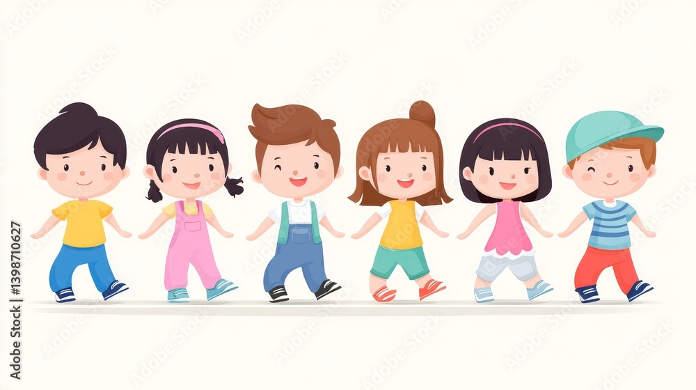 Happy Children Holding Hands Together - Six adorable cartoon children joyfully holding hands, symbolizing friendship and unity. Perfect for educational, childcare, or family-themed projects Happy Children Holding Hands Together - Six adorable cartoon children joyfully holding hands, symbolizing friendship and unity. Perfect for educational, childcare, or family-themed projects