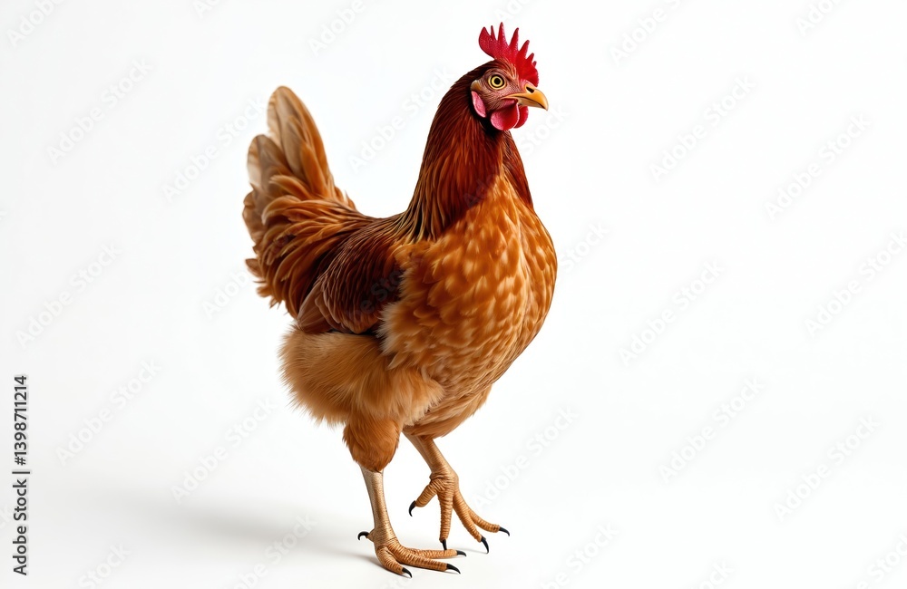 Fototapeta premium Brown hen isolated white background. Chicken stands in studio, close-up shot. Domestic fowl, farm bird, poultry. Meat, eggs production, agriculture, healthy nutrition concept.
