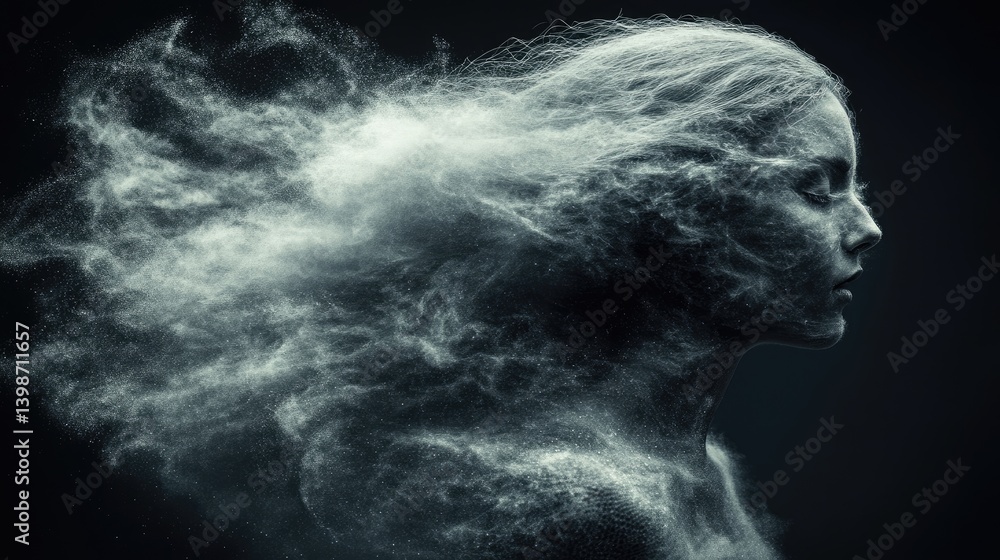 Ethereal profile woman rendered in smoky, flowing particles against a dark backdrop. Dreamy and surreal Ethereal profile woman rendered in smoky, flowing particles against a dark backdrop. Dreamy and surreal