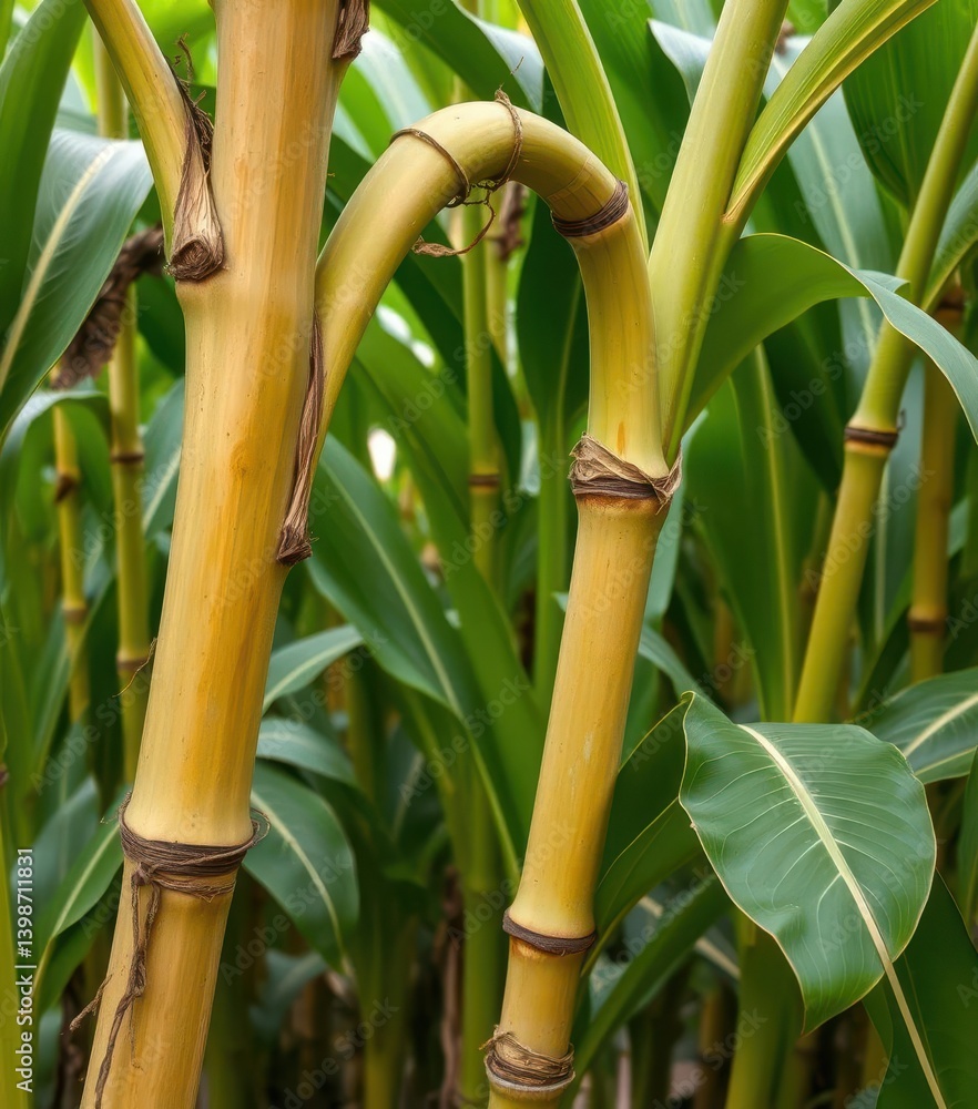 Obraz premium Mature sugarcane stalk curving downward, lush green leaves, harvest, tropical, development