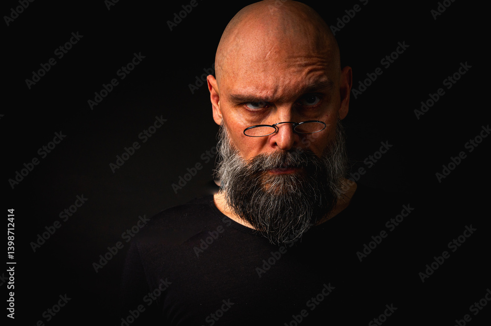 Intense bald man with a grey beard and round glasses making a small pinch gesture. Low key portrait with dramatic lighting and expressive face on black background
