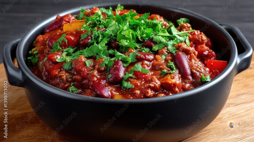 A steaming black bowl of chili con carne brims with red beans, tender meat, and rich spices, topped with fresh cilantro for a comforting winter meal.
A steaming black bowl of chili con carne brims with red beans, tender meat, and rich spices, topped with fresh cilantro for a comforting winter meal.