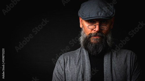 Portrait of an emotional bearded man in a gray brass knuckles, a gray sweater and glasses looking at the camera on a dark background. Dramatic portrait in subdued lighting, expressive face, emotional 