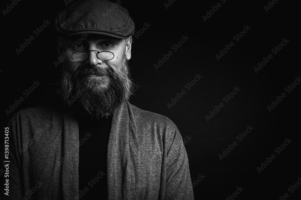 Black and white, portrait of an emotional bearded man in a gray hat, gray sweater and glasses looking at the camera on a dark background. Dramatic portrait in dim lighting, expressive face, emotional