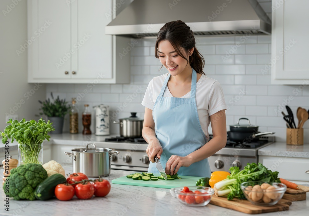 Asian woman cooking in modern kitchen with fresh vegetables. Young girl in blue apron slicing cucumber on cutting board. Healthy meal preparation in white minimalist home interior. Asian woman cooking in modern kitchen with fresh vegetables. Young girl in blue apron slicing cucumber on cutting board. Healthy meal preparation in white minimalist home interior.